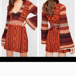 Bohemian Patterned Free People Dress in Red and Brown Geometric